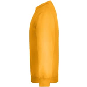 A side view of a bright yellow jumper featuring long sleeves and a crew neck design. It has a logo on it.