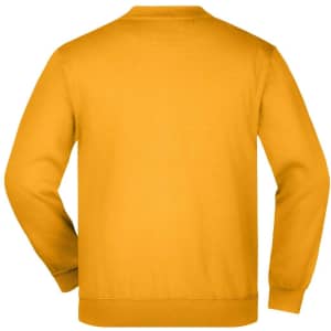 A round neck, heavy junior jumper in a bright yellow colour, featuring a plain back and a logo.