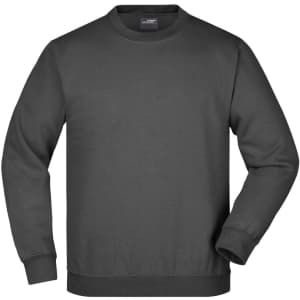 A dark grey jumper with a round neckline and long sleeves, featuring a branding logo.