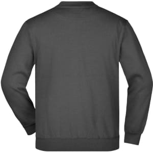 A grey jumper featuring a round neck design and long sleeves. The back view shows a plain surface and a logo.