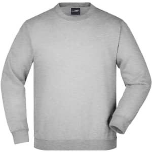 A grey round neck sweater with long sleeves, featuring a brand logo on the label.