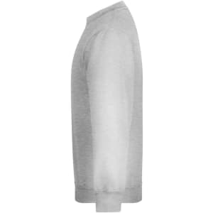A grey jumper with long sleeves, featuring a ribbed hem and cuffs. The garment has a logo on it.