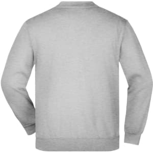 A grey jumper features a simple design with a back view. It has a classic crew neck and long sleeves.