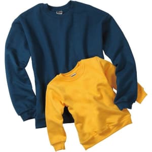 A navy blue adult sweatshirt and a yellow junior sweatshirt, both featuring a logo.