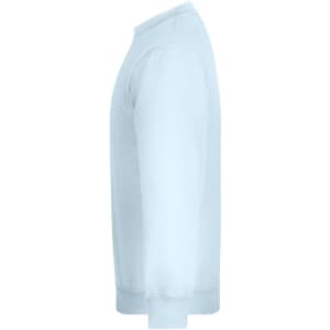 A light blue jumper with a crew neckline and long sleeves, featuring a logo on the side.