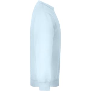 A light blue sweater with a round neckline and long sleeves, featuring a logo.