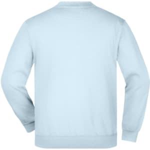 A light blue sweatshirt with a crew neck and a plain back. The garment has a ribbed hem and cuffs.