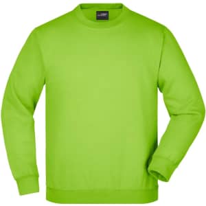A bright green sweatshirt with a crew neckline and long sleeves. It features a label inside the collar.