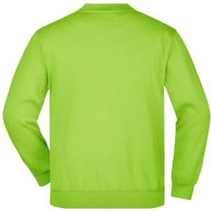 A bright green junior jumper with a crew neck and long sleeves, featuring a logo on the back.