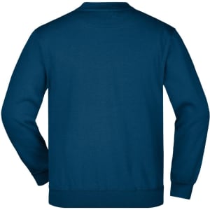 A blue round neck jumper with long sleeves, featuring a plain design and ribbed cuffs. It has a logo on the back.