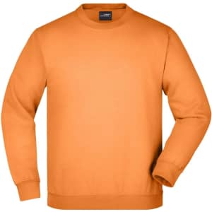 An orange round sweat jumper featuring a crew neck and long sleeves, with a logo on the tag.
