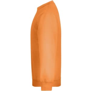 An orange jumper featured from the side, showcasing a smooth finish and long sleeves. It has a branding logo.