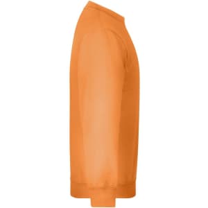 A round-neck orange jumper, featuring long sleeves and a simple design. Includes a branding logo.