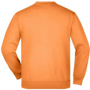 An orange jumper with a crew neck and long sleeves, featuring a logo on the back.