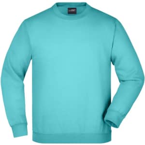 A turquoise jumper with a round neck and long sleeves, featuring a logo on the label.