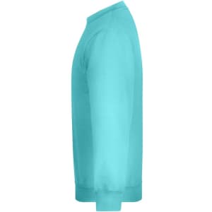 A turquoise jumper with a crew neckline and long sleeves, featuring a logo on the side.