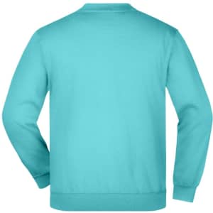 A teal sweater featuring a round neck and long sleeves, showcasing a plain back view. Includes a logo.