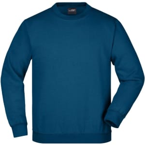 A blue round neck sweatshirt featuring long sleeves and a plain design. It includes a logo on the label.