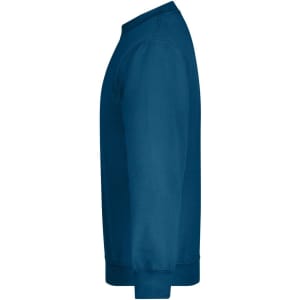 A side view of a blue jumper featuring long sleeves and a classic crew neck design. It has a logo.
