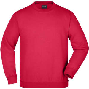 A red jumper featuring long sleeves and a crew neck. It has a logo on the label.