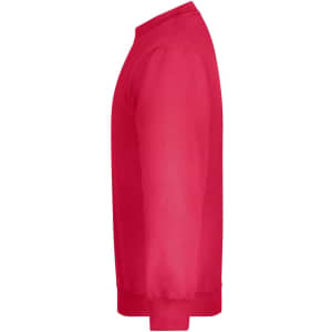 A red jumper with long sleeves, featuring a crew neckline and a ribbed hem. It has a logo branding.