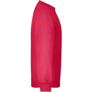 A bright red jumper with long sleeves and a round neckline, featuring a subtle logo detail.