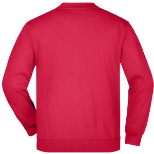 A red jumper featuring a classic design and a logo on the back. Suitable for casual wear.