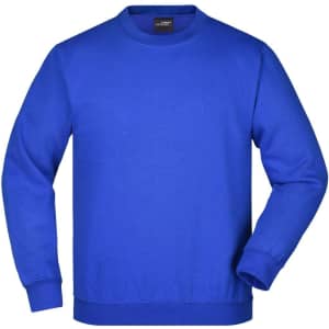 A bright blue round-neck sweatshirt with long sleeves, featuring a logo on the front.