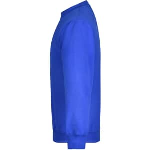 A blue round sweat heavy junior jumper displayed from the side, featuring long sleeves and a crew neck.