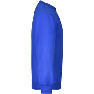 A blue jumper with a crew neckline and long sleeves, featuring a solid colour and a logo.