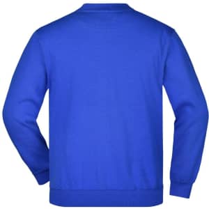 A blue heavy jumper with a simple design and a logo on the back. Ideal for casual wear.