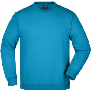 A turquoise sweater with long sleeves and a crew neckline, featuring a logo.