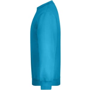 A bright blue sweatshirt with long sleeves and a rounded neckline, featuring a logo.