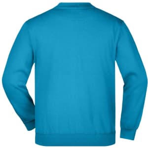 A blue jumper with a round neckline and long sleeves, featuring a logo on the back.