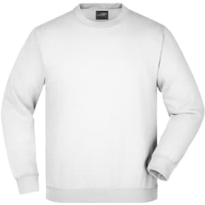 A white round neck sweatshirt with long sleeves and a relaxed fit. Features a branding logo.