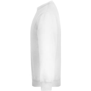 A white sweatshirt viewed from the side, featuring long sleeves and a simple design with a branding logo.