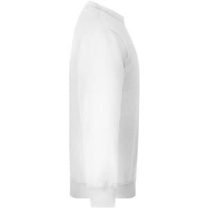 A white round sweat heavy junior jumper displayed from the side, featuring a simple design and a visible logo.