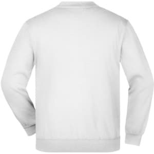 A white jumper with a round neckline and long sleeves, featuring a plain back design and a branding logo.