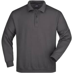 A grey long-sleeve polo shirt featuring a collar and three buttons, with a branding logo on the front.