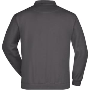 A dark grey polo shirt with a collar and long sleeves, featuring a logo.