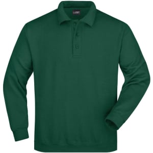 A green long-sleeve polo shirt with a collar and three buttons, featuring a logo.