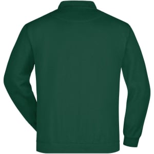 A dark green polo sweatshirt with a collar and long sleeves, featuring a logo on the front.