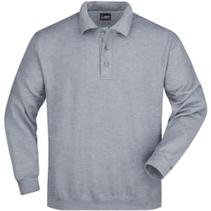 A grey long-sleeved polo shirt with a collar and three buttons, featuring a logo.