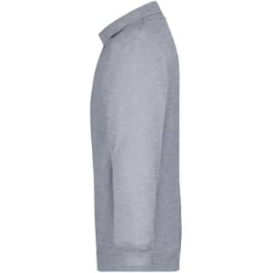 A grey polo shirt with a collar and long sleeves, featuring a logo on the chest.
