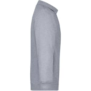 A grey polo sweat shirt with long sleeves and a collar, featuring a branding logo.