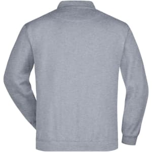 A grey polo sweatshirt with a collar and long sleeves, featuring a logo on the back.