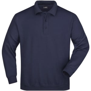 A navy blue polo shirt with long sleeves and three buttons at the collar, featuring a logo.