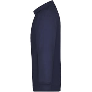 A navy blue polo shirt with long sleeves, featuring a collar and a logo.