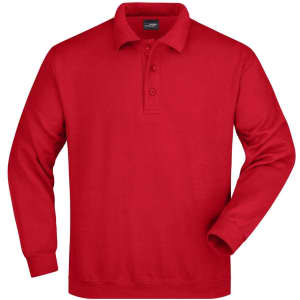 A red polo sweatshirt featuring a classic collar and three buttons at the neckline. It has a logo on the chest area.