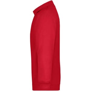 A red polo shirt with long sleeves and a collar, featuring a logo on the side.